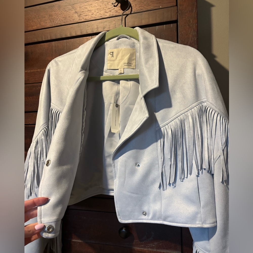 Pilcro Faux Suede Fringe Moto Jacket Wedgewood Blue Sz M - very Lt Blue NWT - Picture 6 of 15